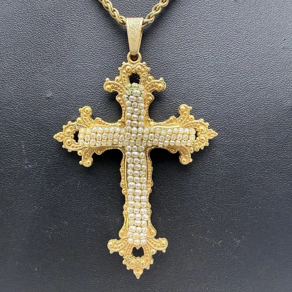 Miriam Haskell Faux Seed Pearl Cross Necklace Pendant Gold Tone Vintage